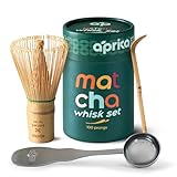 Aprika Life Matcha Bamboo Whisk Set 3 Pcs - Bamboo Whisk (Chasen) 100 Prongs, Scoop (Chashaku) & Stainless Steel Spoon - Handmade from 100% Natural Wood - Perfect for Japanese Matcha Green Tea