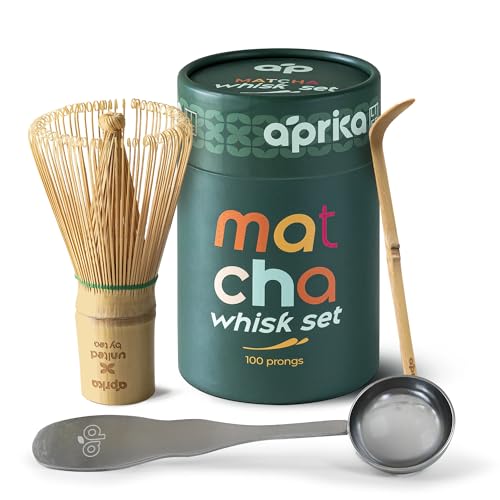 Aprika Life Matcha Bamboo Whisk Set 3 Pcs - Bamboo Whisk (Chasen) 100 Prongs, Scoop (Chashaku) & Stainless Steel Spoon - Handmade from 100% Natural Wood - Perfect for Japanese Matcha Green Tea