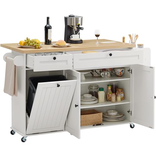 60" Kitchen Island with Power Outlet & Drop Leaf, Kitchen Rolling Island with Spice Rack & Towel Rack, Knife Holder, Kitchen Island Cart with Trash Storage Cabinet, Mobile Island Table for Kitchen