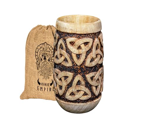 NORSE EMPIRE 12 oz Wooden Celtic Knot Cup with Hand Pyrography Woodburning - Viking-Style Drinking Vessel | Viking wood style Beer mug | Wooden Gift Antique Men's Barrel Capacity