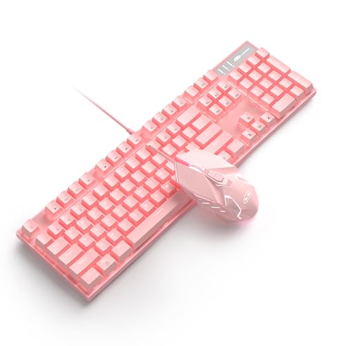 Pink Mechanical Gaming Keyboard and Mouse Combo Blue Switch 104 Keys White Backlit Keyboards, 7 Button Mouse Wired for Windows, Computer, Desktop, PC, Notebook, Laptop(Pink)