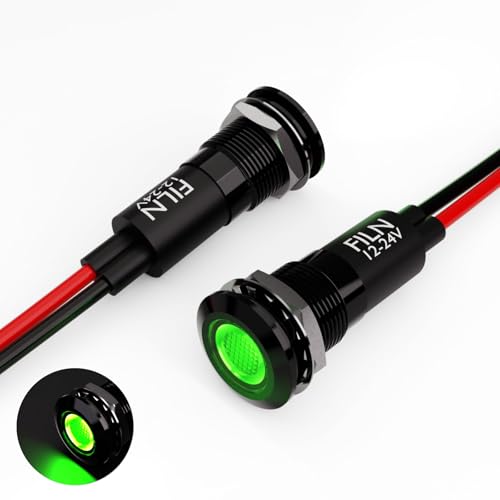 FILN 2PCS 12mm (1/2") Green LED indicator Light Waterproof Metal Signal Lamp 5V 12V 24V IP67 Pilot Dash Head for Car Industrial equipment Light (12v-black shell Green 2PCS)