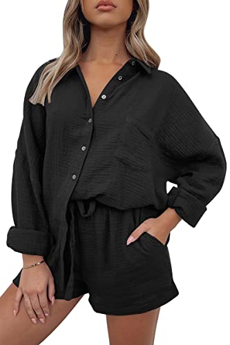 AUTOMET 2 Piece Sets For Women Lounge Wear Matching Two Piece Pajama Fashion Oversized Shirts And Shorts Spring Outfit 2025 01Black M