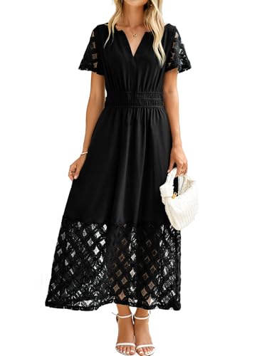 Simplee Womens Black Lace Maxi Dress Casual Short Sleeve Summer Wedding Guest Dresses with Pockets (Black M)