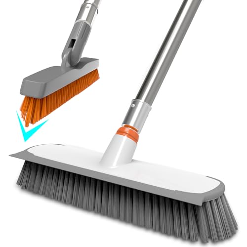 Heavy Duty Floor Scrub Brush and Grout Cleaner Set with Long Handle & Wide Floor Brush with Stiff Bristles Outdoor Scrubber for Cleaning Deck Tile Kitchen Swimming Pool Bathroom(2 Pack Brush Head)