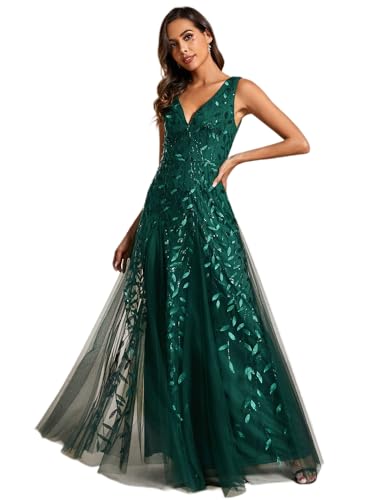 Ever-Pretty Women's Prom Dresses V Neck Sleeveless Tulle Hem A-Line Sequins Maxi Ball Gowns Dark Green US6