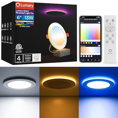 Lumary Smart Recessed Lighting Pro 6 Inch with RGB/Night Ring, 13W 1100LM Smart WiFi RGBWW LED Downlight, Canless with Junction Box, Works with Alexa/Google Assistant/BT Remote, ETL Listed, 4 Pack