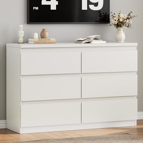 Jocoevol Modern White 6 Drawer Dresser - Simply Chest of Drawers for Bedroom, Closet, Living Room, Hallway, Entryway, Wood Storage Double Dresser with Smooth Metal Rails - White