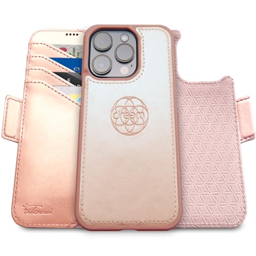Dreem Fibonacci Wallet Case for iPhone 16 Pro Max | 2-in-1 Detachable Vegan Leather Cover with Built-in Kick-Stand, RFID Blocking Card Holder, MagSafe Compatible [Rose]