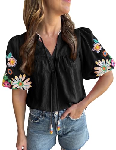 Women's Casual Floral Embroidered V Neck Boho Puff Short Sleeve Shirts Loose Tunic Summer Blouses Tops Fashion Clothes 2024 Black XL