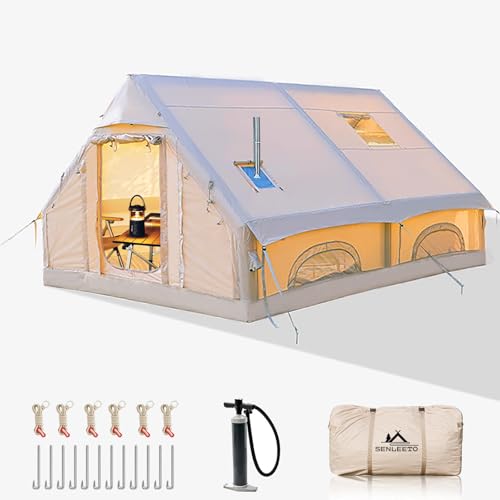 Inflatable Camping Tents 8-10 Person,129 Square Feets Large Inflatable Camping Tent with Stove Jack,Blow up Tent with Mesh Windows & Pump,Easy Setup 4 Season Glamping Tents Waterproof