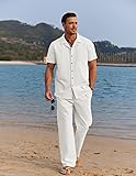 COOFANDY Men 2 Piece Linen Outfit Beach Button Down Shirt Casual Loose Pant Sets