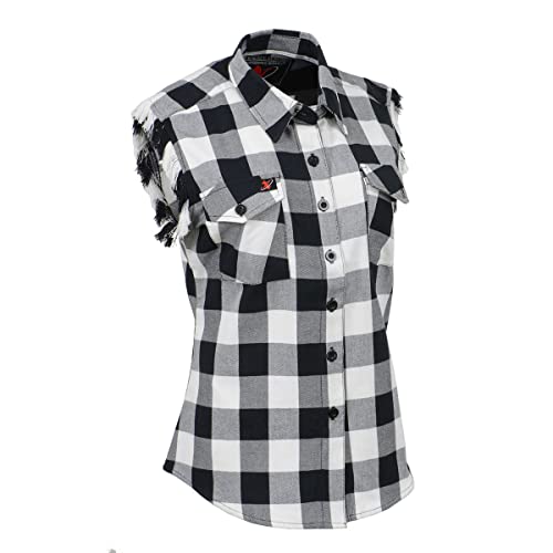 Milwaukee Leather MNG21625 Women's Flannel Down Sleeveless Shirt w/Button Black/White & Cut Off Frill Arm Hole - Large