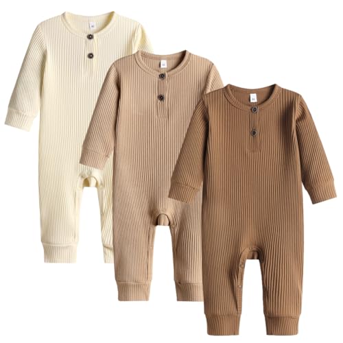 Bafeicao Baby Boy Girl 2 Pack Solid Romper Ribbed Long Sleeve Bodysuit Jumpsuit Infant Knitted Outfits Clothes, Beige+Khaki+Brown, 0-3M