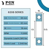 PGN (10 Pack) 6206-2RS Bearing - Lubricated Chrome Steel Sealed Ball Bearing - 30x62x16mm Bearings with Rubber Seal & High RPM Support