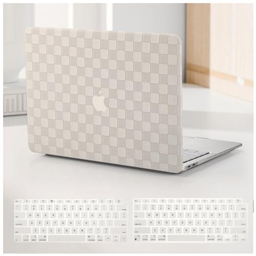 BYCeKe Compatible with MacBook Air 13 Inch 2022 2021-2018 M1 A2337 A2179 A1932, Checkered Textured Cream Leather Hard Shell Case & Keyboard Cover for Mac Air 13, Beige
