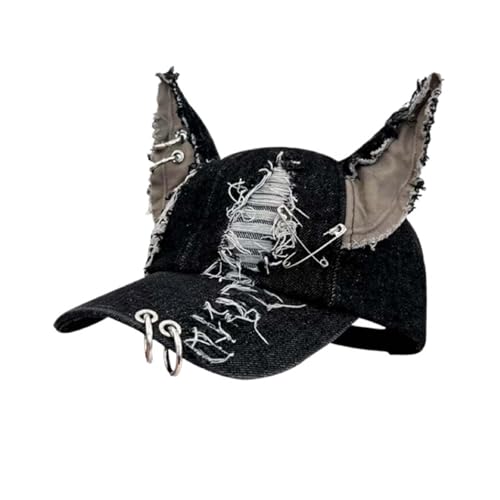 WUODHTW with Ears Y2k Grunge Metal Iron Ring Chain Distressed Denim Baseball Cap Sun Caps Hiphop Dance Hat Bunny Hat