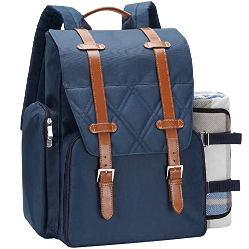Picnic Backpack for 4 Person with Large Insulated Cooler Bag, Picnic Basket Set with Wine Pouch, Waterproof Picnic Blanket & Cutlery Set. Perfect for, Camping, Party,Wedding Gift for Couple,Blue