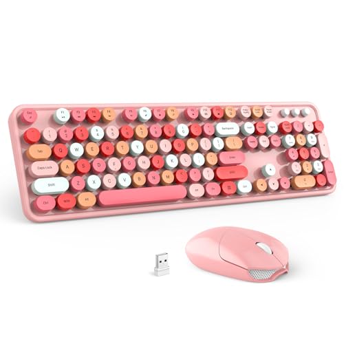 Wireless Keyboard and Mouse Combo - GEEZER Peach Pink Full-Sized Colorful Keyboard 104 Keys - USB 2.4 G Receiver Plug and Play with Round Keycap Typewriter Keyboards, for Windows, PC, Laptop, Desktop