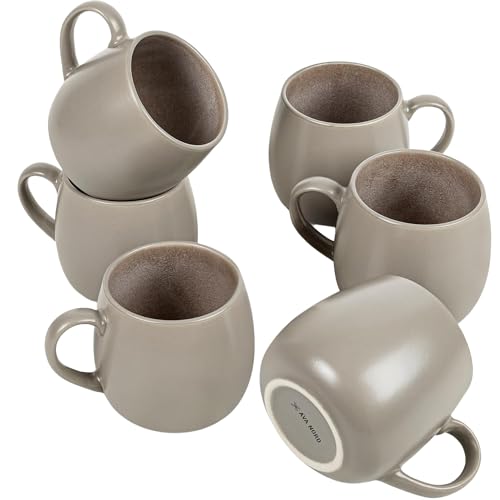 Ava Nord Ceramic Coffee Mugs Set of 6, 14oz - Modern Scandinavian Aesthetic Large Cup- Microwavable Stoneware Coffee Cups with Comfortable Handle - Tea Mug Set for Latte, Cappuccino, Soup - Taupe