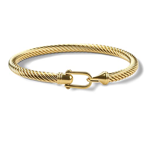 HX SHARE Twisted Cable Bracelet Stylish Fine Stainless Steel Cable Cuff Bracelet with Hook Clasp Bracelets Jewelry for Women (18K Gold （7.6"）)