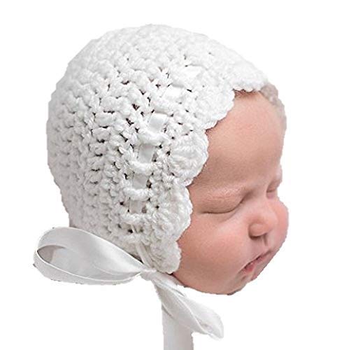 Baby Bonnet - Handmade Crochet Vintage Look Baby Hat - Infant Christening Baptism Clothes (Newborn, White)