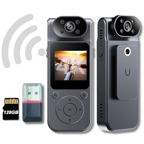 4K HD Body Camera Video Recorder with 180° Rotation Lens and WiFi for Real-Time Viewing, 128GB Memory, and Infrared Night Vision Cam, Ideal for Outdoor Security,Travel