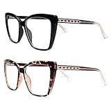 AMOMOMA Trendy TR90 Oversized Blue Light Reading Glasses Women,Stylish Square Cat Eye Glasses AM6031 C1+C6 1.5 x