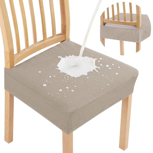 Smiry Waterproof Seat Covers for Dining Room Chairs Set of 8, Stretch Jacquard Removable Washable Chair Seat Slipcovers Protector, No Rear Covers, Taupe