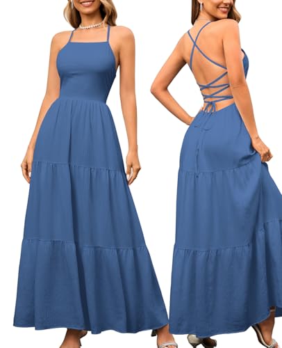 GLNEGE Women's Summer Boho Long Dresses Spaghetti Backless Lace Up Beach Dress Vacation Flowy Sundresses 2025 Blue