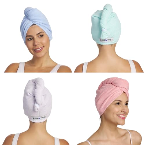 Turbie Twist 4-Pack Microfiber Hair Towel for Beauty, Travel, Gifting - Hair Wrap Turban for Straight, Wavy & Curly Hair - Premium Hair Care - Pink, Purple, Blue & Aqua