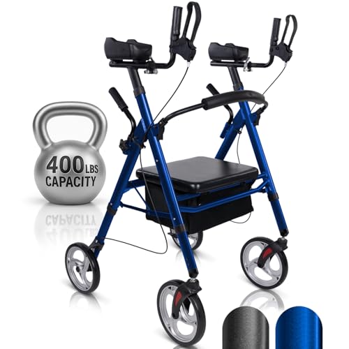Vive Bariatric Upright Walker with Seat - Heavy Duty Senior Stand Up Rollator, Extra Wide Frame - Padded Armrest & Backrest -Mobility Aid Portable Rolling Walker with Bag - Fits Tall & Large People