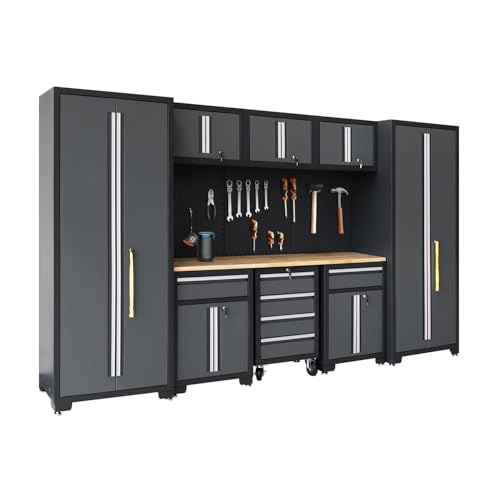 HPDMC Garage Storage Cabinet System 9-Pcs Workshop Set Garage Cabinets and Storage System with Steel Cabinet Drawers, Rolling Chest, Workbench, Pegboard for Garage Tool Organization, Black and Grey