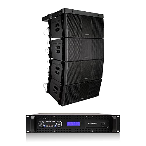 Sound Town ZETHUS Four Dual 10-inch Line Array Speaker and Professional Amplifier System Combo Set, Full Range/Bi-amp Switchable, Black (ZETHUS-210X4A8)