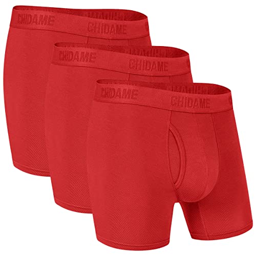 Chidame Mens Underwear Luxe Micro Modal Boxer Briefs Open Fly 3 Pack, Red-XL