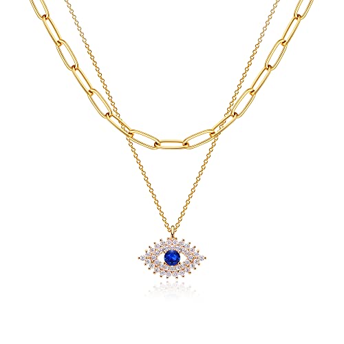 MEVECCO Layered Blue Evil Eyes Necklace Handmade 18k Gold Plated Dainty CZ Third Eyes Pendant Double Layer Lucky Necklace for Women