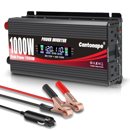 Cantonape 1000 Watt Car Power Inverter DC 12V to 110V/120V AC Converter with LCD Display Dual AC Outlets and Dual USB Car Charger for Car Home Laptop Truck Black