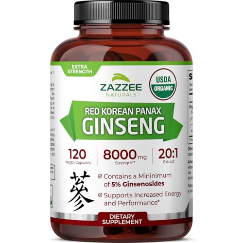 Zazzee USDA Organic Red Korean Panax Ginseng 20:1 Extract, 8000 mg Strength, 5% Ginsenosides, 120 Vegan Capsules, Standardized and Concentrated 20X Root Extract, 100% Vegetarian, All-Natural, Non-GMO
