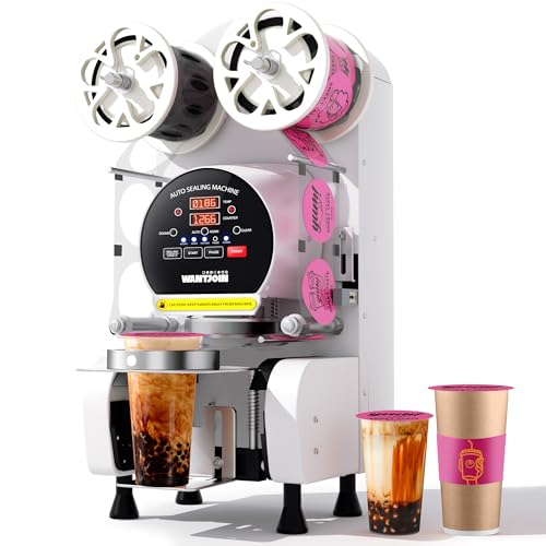 WantJoin Cup Sealing Machine Full Automatic Cup Sealer Machine 89/90/95MM 3.50/3.54/3.74IN Electric White Cup Sealing Machine 500-600 Cups/H(White)