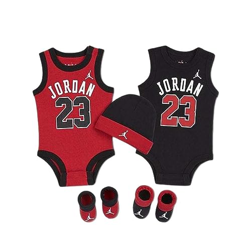 Nike Baby's Bodysuit, Hat and Booties 3 Piece Set (0-6 Months, Black/Red 5 Set)