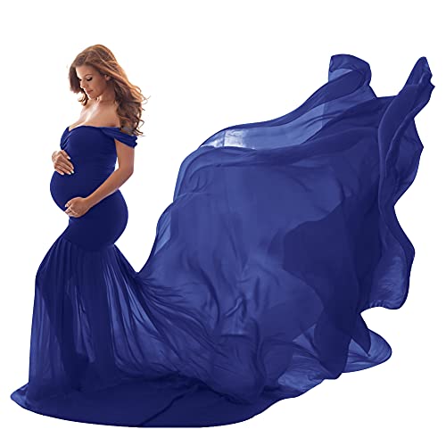 Women Maternity Dress for Photography Mermaid Off Shoulder Elegant Fitted Chiffon Gown Baby Shower Pregnancy Maxi Dresses for Photoshoot Ruched V Neck Long Slim Fit Flowy Photo Props Dress Dark Blue