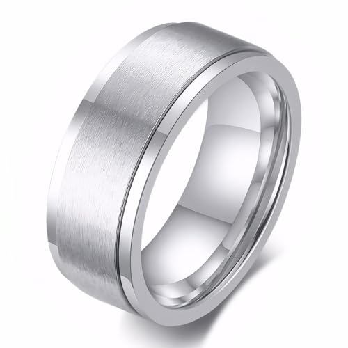 SWOPAN Men's Spinner Fidget Anxiety Ring 8MM Stainless Steel Rotation Ring for Men Women Anxiety Relief Matte Brushed Finish Beveled Stepped Edge Wedding Engagement Bands Comfort Fit, Silver, Size 11