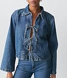 LouVasabuce Women Fashion Cropped Denim Jacket Tie Front Lapel Neck Long Sleeve Jean Coat Lightweight Shacket Fall Blouse