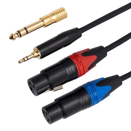 Dual Female XLR to 1/8 Y-Splitter cable, With Extra Gold Plated 1/4 to 3.5mm Adapter, Unbalanced 3.5 mm Mini Jack TRS Stereo Aux to Double XLR Female Interconnect Audio Mic Breakout Patch Cord, 8FT