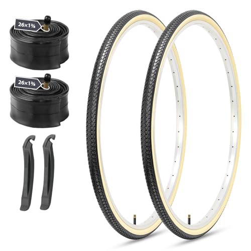 MOHEGIA 26x1 3/8 Inch Bike Tires (37-590 mm) - 2-Pack Folding Replacement Tires with Inner Tubes, Schrader Valve & Tire Levers for Vintage Urban Bicycles (Classic Retro Skin)
