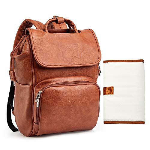 HAHASOLE Leather Diaper Bag Backpack with Changing Mat Travel Backpack Waterproof&Insulated Large Nappy Bag Stroller Straps, Brown B, 13.8x8x18 Inch (Pack of 1), Travel Backpacks