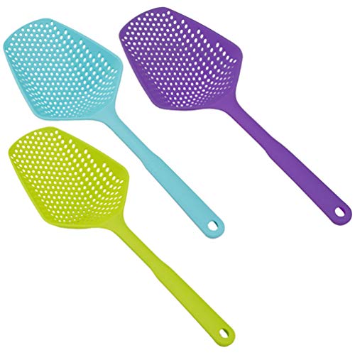 Goeielewe 3-Pack Food Scoop Colander Strainer Slotted Spoon with Handle, Plastic Heat-Resistant Large Slotted Strainer and Skimmer for Pasta, Vegetables, Salad (3 Colors)