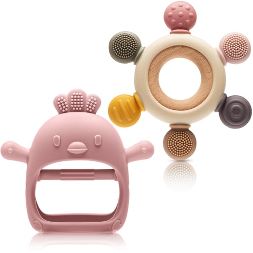 CAHILON 2 Packs Baby Teething Toy for 0-6 6-12 Months, Food Grade Silicone Teething Mitten and Silicone Rudder with Wooden Ring, BPA-Free, Baby Chew Toys for Sucking Needs