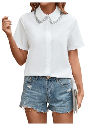 SweatyRocks Women's Rhinestone Collared Short Sleeve Button Down Blouses Office Work Shirts White Medium