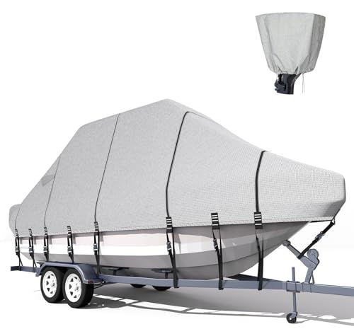 Trailerable T-Top Boat Cover 1200D Solution Dyed Hard Top/T Top Boat Cover with 21 Windproof Straps, Motor Cover (Gray, 21'-23 Long, Beam Width Up to 106")